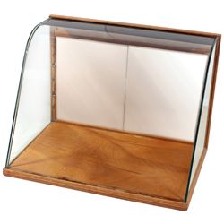 Countertop showcase, Art Deco style, maple w/curved glass front, mirror sliding back doors, made to 
