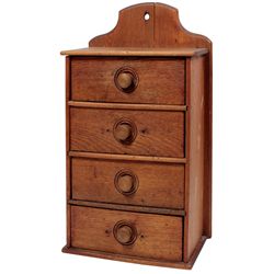 Wood spice cabinet, 4 drwrs w/dividers, VG cond w/stable age split on back panel & repairs, 17"H x 9