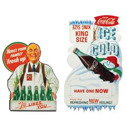 Coca-Cola and 7 Up cdbd cutouts (2), King Size Coca-Cola hanger will hold bottle, c.1950's w/fishtai