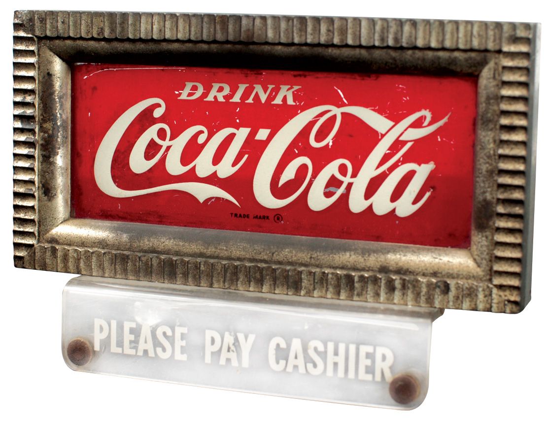 CocaCola cash register sign, electric lightup, metal w/glass insert & plastic "Please Pay Cashier,