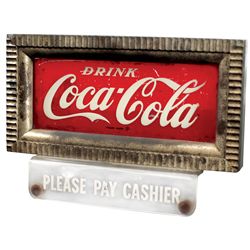 Coca-Cola cash register sign, electric light-up, metal w/glass insert & plastic "Please Pay Cashier,