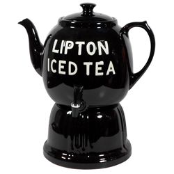 Lipton Iced Tea dispenser, lg stoneware teapot w/spigot & base, Exc cond, 18"H x 16.5"W.