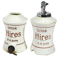 Syrup dispensers (2), Hires w/pump & Hires w/spigot, Hires w/old pump has a 1.75" chip near side & 2