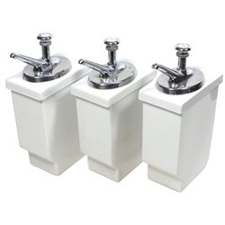 Syrup dispensers w/pumps, white porcelain dispensers & chrome-plated cast metal pumps, plunger butto