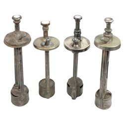 Syrup dispenser pumps (4), early round-top pumps w/Green River, Coca-Cola & Dr. Pepper button insert