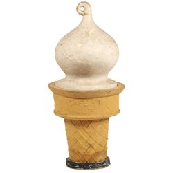 Soda fountain ice cream advertising cone, "Safe-T Cup", 2-pc curly-top cone w/adv on both sides, rai