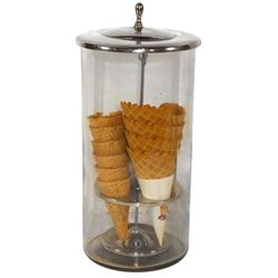 Soda fountain ice cream cone holder, heavy glass round canister w/metal lid & lift-up insert, c.1910