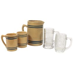 Soda fountain items (5), Buckeye stoneware pitcher w/2 mugs (all marked on bottom), Rochester & Dad'