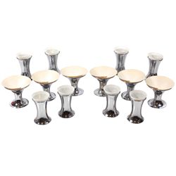 Soda fountain dishes (14), set of 8 & set of 6 Vortex chrome dishes w/paper inserts, Nos. 8769 & 872