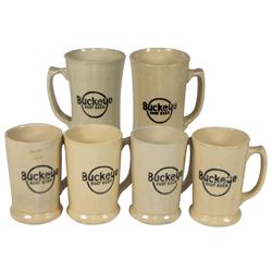 Soda fountain Buckeye Root Beer stoneware mugs (6), Exc cond, 5" & 6.5"H.