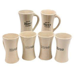 Soda fountain Hires stoneware mugs (6), one w/2 faint hairlines, rest in Exc cond, ea 6"H.