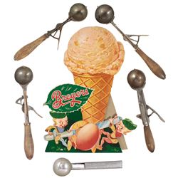 Ice cream scoops & advertising (6), Trojan sz 20 by Gem Spoon Co.-Troy, NY, Gilchrist No. 31 sz 20, 