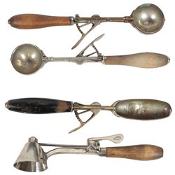 Ice cream scoops (4), Gilchrist's conical No. 33, sz 16; round No. 31, sz 20 (2) & Gilchrist's No. 3