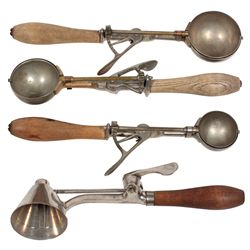 Ice cream scoops (4), Gilchrist's conical No. 33, sz 20; round No. 31, szs 12, 16 & 30, all nickel-p