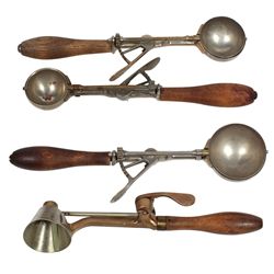 Ice cream scoops (4), Gilchrist's conical No. 33, sz 20; round No. 31, szs 12, 20 & 24, all nickel-p