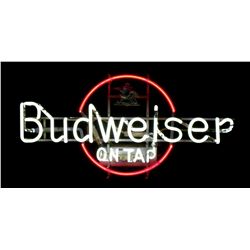 Breweriana neon sign, "Budweiser on tap," VG cond w/some loss on back paint, 16.5"H x 33"W.