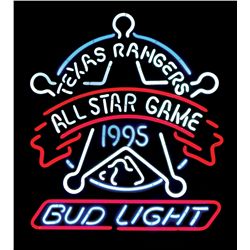 Breweriana neon sign, "Texas Rangers All-Star Game 1995 Bud Light," NOS cond, 24"H x 28"W.