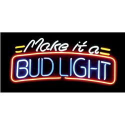 Breweriana neon sign, "Make it a Bud Light," NOS cond, 15.5"H x 29.5"W.