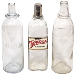 Soda fountain syrup bottles (3), Tango-La, label under glass, square w/metal lid, 1 w/"Vanilla" etch