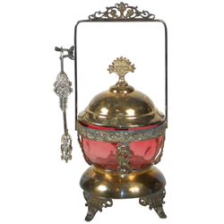 Victorian pickle castor, cranberry coinspot insert in ornate unmarked holder w/tongs, Exc cond, 11.7