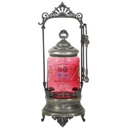 Victorian pickle castor, cranberry glass insert w/enameled floral & dot décor, Forbes Silver Co. sil