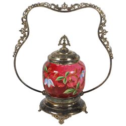 Victorian pickle castor, cranberry thumbprint glass insert w/enameled floral décor, unmarked holder 