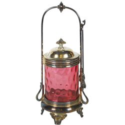 Victorian pickle castor, cranberry thumbprint glass insert in Meriden Co. silver-plated holder w/ton