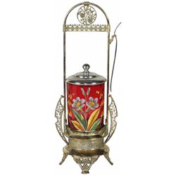 Victorian pickle castor, cranberry thumbprint glass insert w/enameled floral décor, chip at top of j