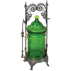 Victorian pickle castor, green pattern glass insert & lid in Wilcox Silver Plate holder w/tongs, sli