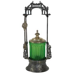 Victorian pickle castor, green pattern glass insert in Adelphi quadruple-plated holder w/tongs & lid