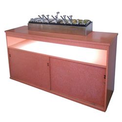 Soda fountain back bar, c.1950's pink laminate counter w/lighted shelf & 2 sliding doors, topped w/9