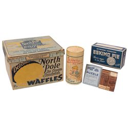 Soda fountain ice cream boxes & puzzle (4), North Pole Ice Cream Sandwich Waffles box, Eskimo Pie bo