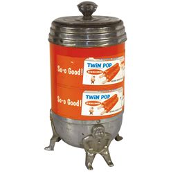 Soda fountain Eskimo Pie cooler w/Twin Pop Decals, metal w/3 Eskimos as legs, Good repainted cond & 