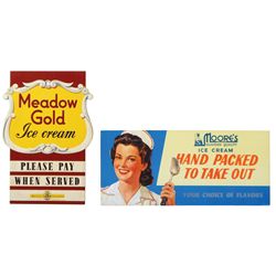 Soda fountain signs (2), Meadow Gold Ice Cream, Masonite by Kay Inc.-NY & Moore's Ice Cream, colorfu