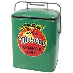 Soda pop cooler w/adv decal for Miscoe Orange Dry, cooler in Exc cond w/orig paint, cute small size,