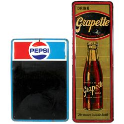 Soda fountain signs & bottle case (3), Grapette Soda, self-framed embossed metal w/bottle graphic, G