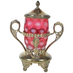 Victorian condiment jar, cranberry w/white coinspot insert in Aurora Specialty Mfg Co. quadruple sil