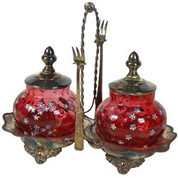 Victorian condiment set, Forbes silver-plated holder & cranberry thumbprint glass jars w/flowered en