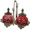 Image 1 : Victorian condiment set, Forbes silver-plated holder & cranberry thumbprint glass jars w/flowered en