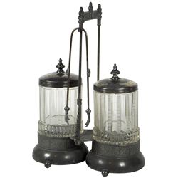 Victorian pickle castor,  Adelphi Silverplate Co. quadruple-plated holder w/2 pressed glass inserts 