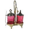 Image 1 : Victorian pickle castor, 2 cranberry coinspot jars in Rogers Smith & Co. silver-plated holder w/fork