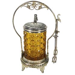 Victorian pickle castor, amber glass block pattern insert in Homan Silverplate Co. holder w/tongs, w