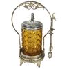 Image 1 : Victorian pickle castor, amber glass block pattern insert in Homan Silverplate Co. holder w/tongs, w