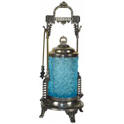 Victorian pickle castor, blue button & daisy glass insert in Rogers Smith & Co. Meriden quadruple-pl