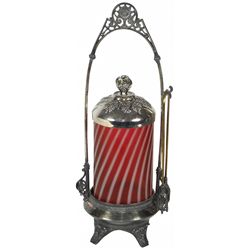 Victorian pickle castor, cranberry & white swirl glass insert in Derby Silver Co. ornamented quadrup
