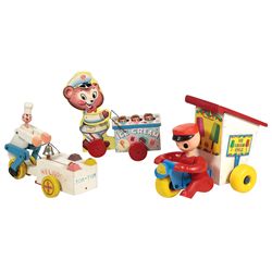 Toy ice cream vendor trucks (3), Fisher Price style pull toy w/bears, 3 sm bears go up & down when p