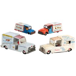 Toy ice cream vendor trucks (4), all Japanese tin friction, Cragstan musical truck, VG cond, 8"L; De