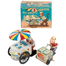 Toy ice cream vendors (2), Yonezawa tin wind-up monkey ice cream vendor, toy & box in NM/Mint cond, 