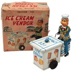 Toy ice cream vendor bicycle in box, Cragstan Japanese tin friction, legs pedal & arms move, Exc+ co