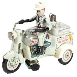 Toy ice cream motorcycle vendor, litho on tin friction Bump 'N Go, mfgd by Yoshiya-Japan, Mint cond,